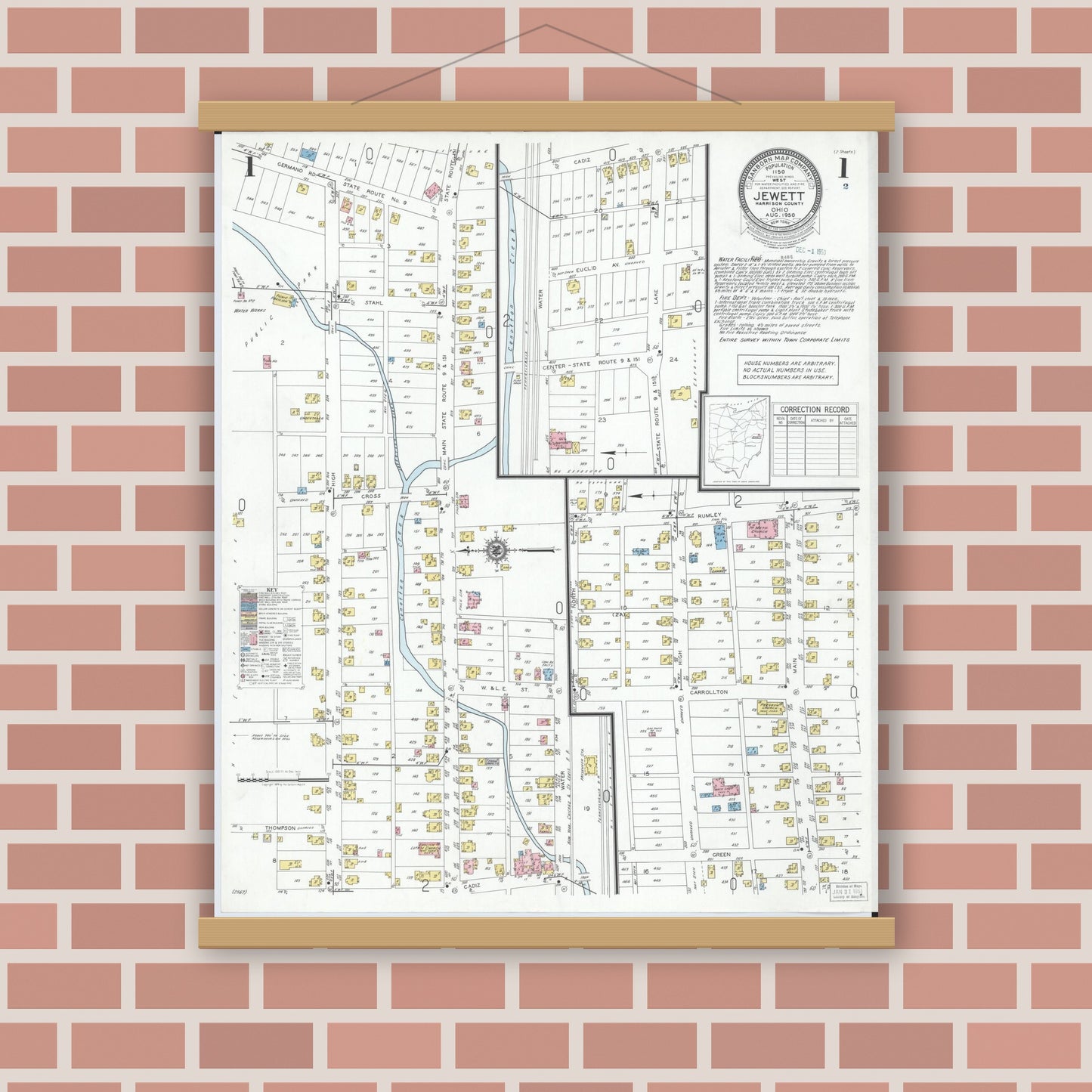 Old map wall art mockup — magnetic wood frame on brick wall — Sanborn Fire Insurance Map from Jewett, Harrison County, Ohio (1950) - Complete Map Set