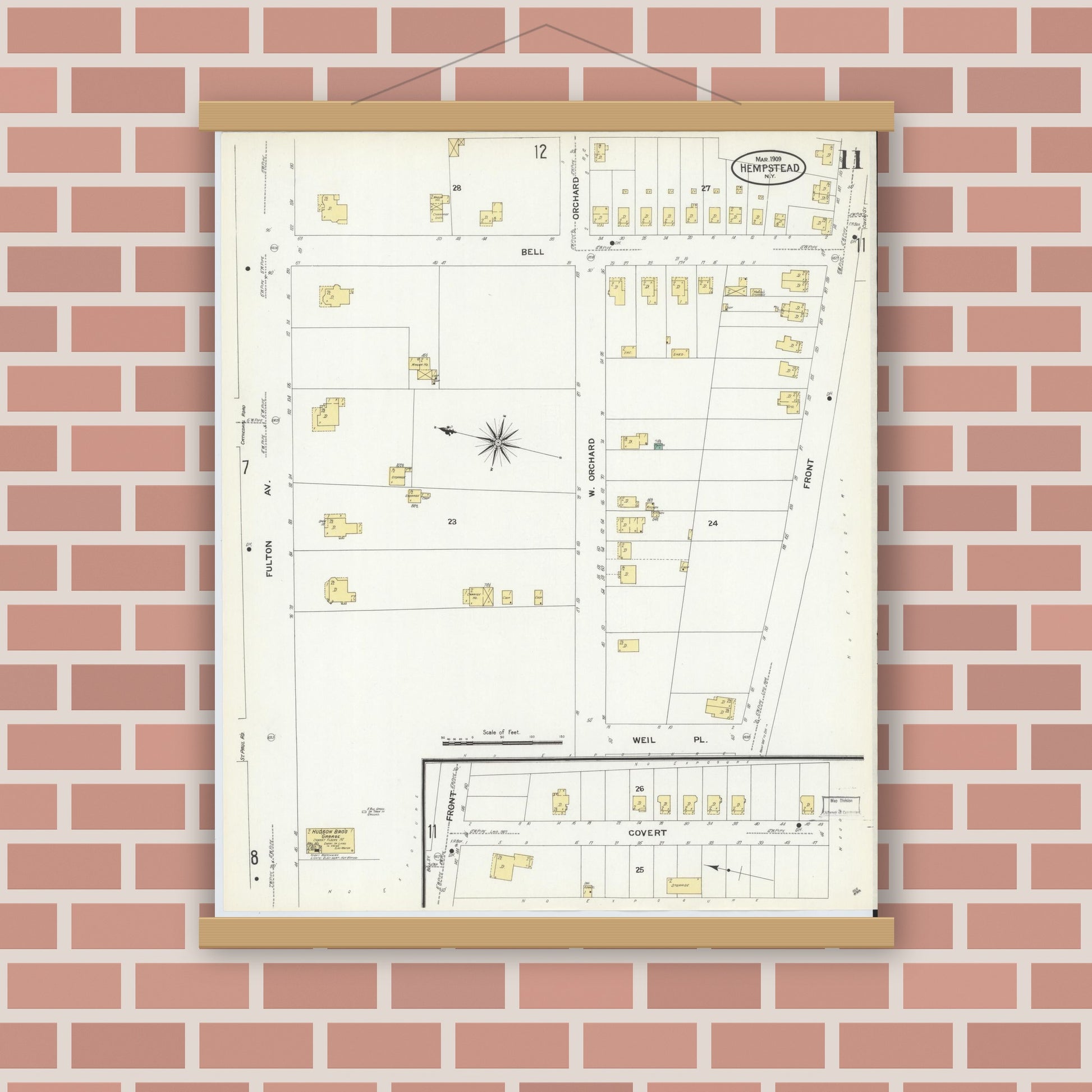 Old map wall art mockup — magnetic wood frame on brick wall — Sanborn Fire Insurance Map from Hempstead, Nassau County, New York (1909), Sheet #0011