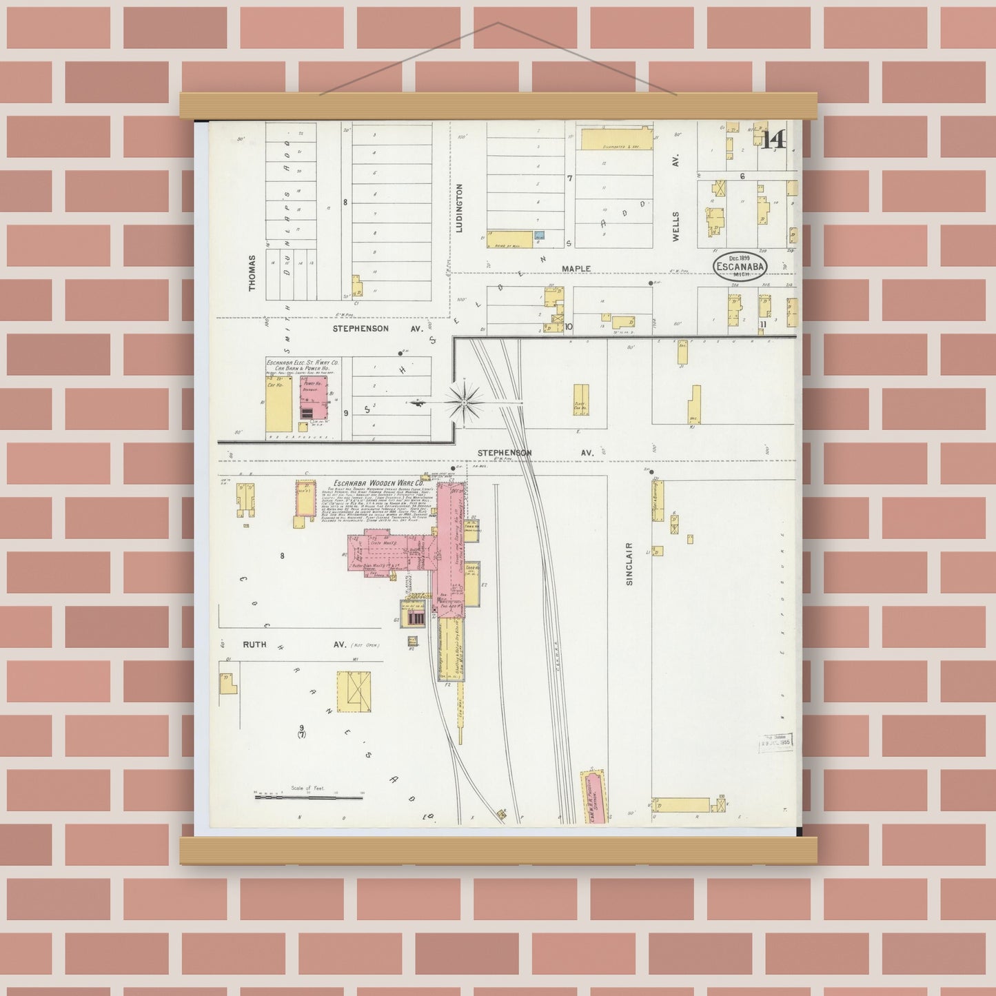 Old map wall art mockup — magnetic wood frame on brick wall — Sanborn Fire Insurance Map from Escanaba, Delta County, Michigan (1899), Sheet #0014