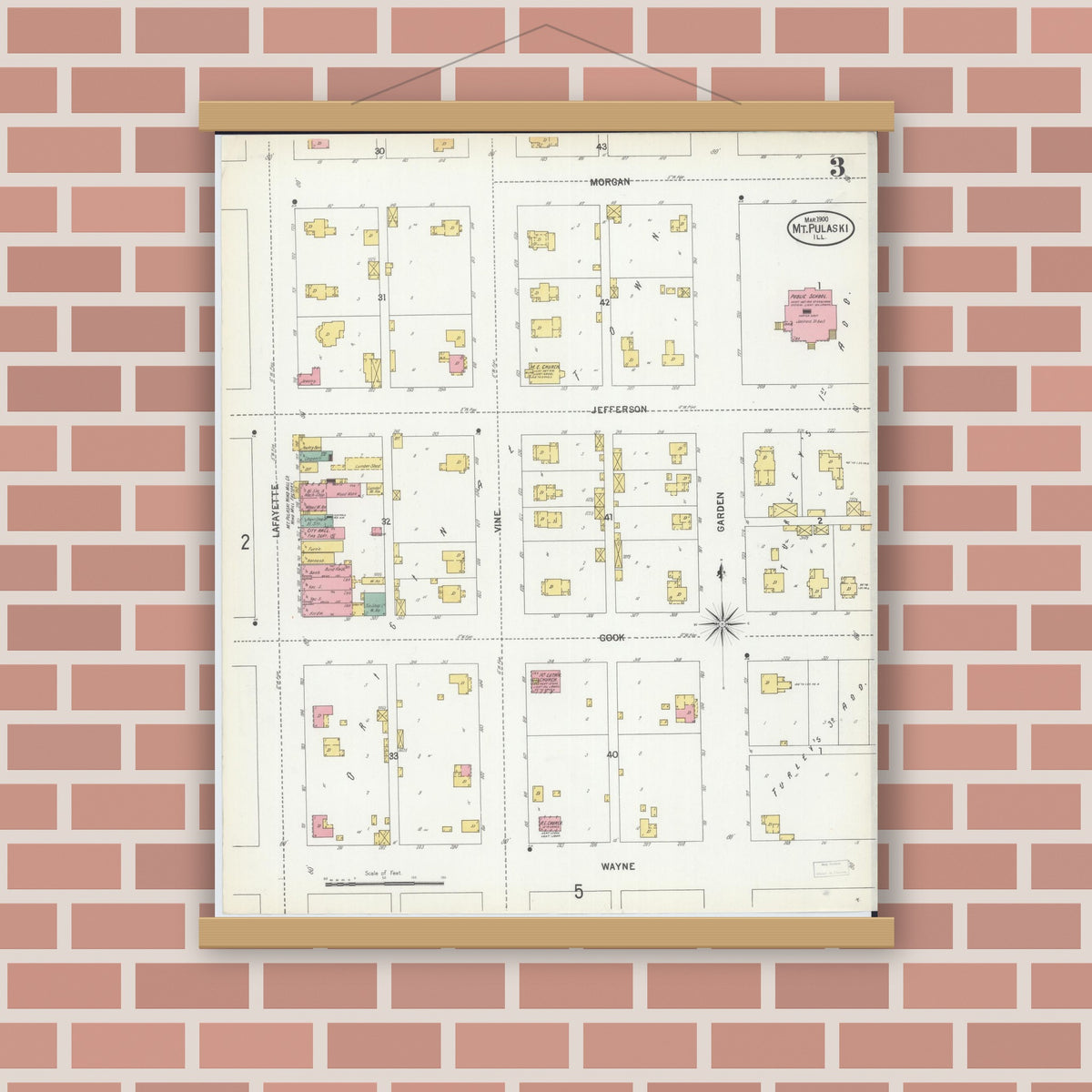 Old map wall art mockup — magnetic wood frame on brick wall — Sanborn Fire Insurance Map from Mount Pulaski, Logan County, Illinois (1900), Sheet #0003
