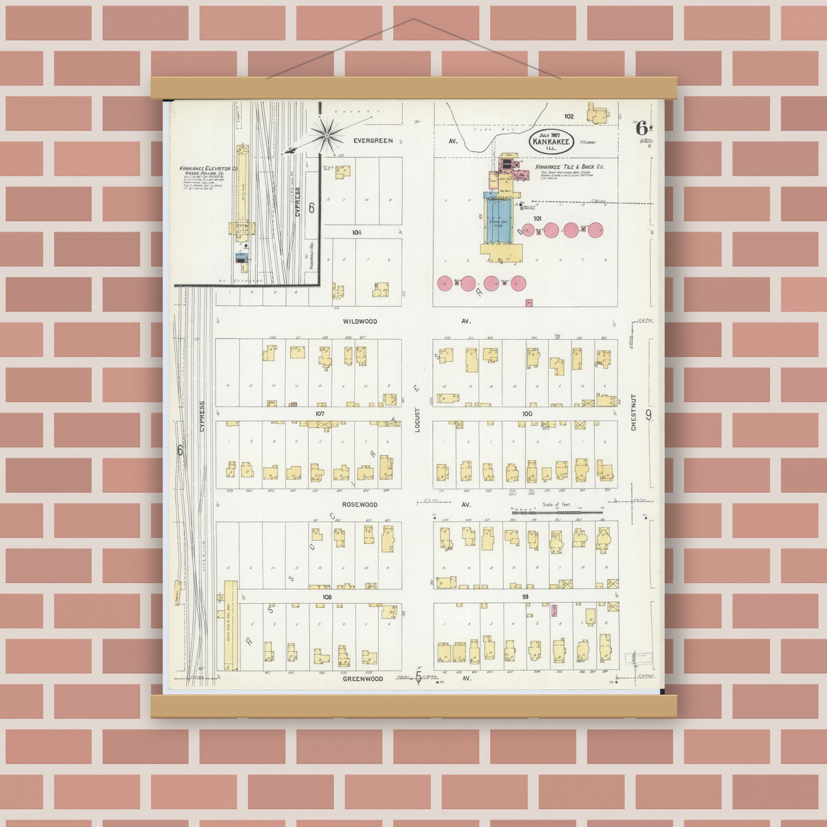 Old map wall art mockup — magnetic wood frame on brick wall — Sanborn Fire Insurance Map from Kankakee, Kankakee County, Illinois (1907), Sheet #0006