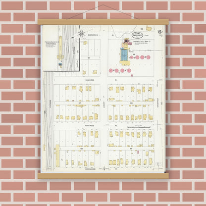 Old map wall art mockup — magnetic wood frame on brick wall — Sanborn Fire Insurance Map from Kankakee, Kankakee County, Illinois (1907), Sheet #0006
