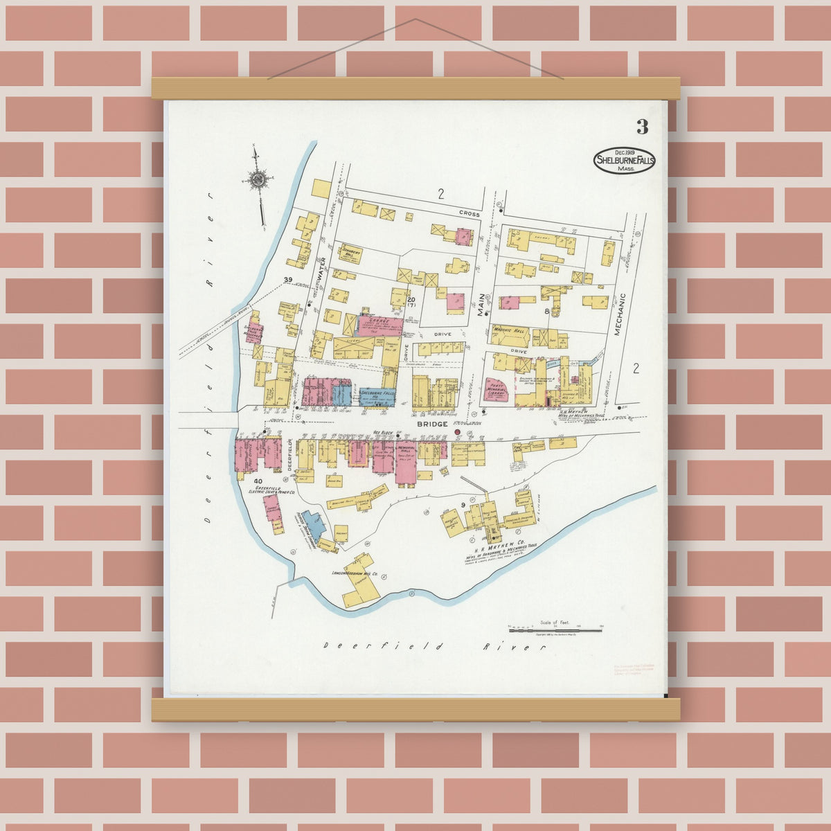 Old map wall art mockup — magnetic wood frame on brick wall — Sanborn Fire Insurance Map from Shelburne Falls, Franklin County, Massachusetts (1919), Sheet #0003
