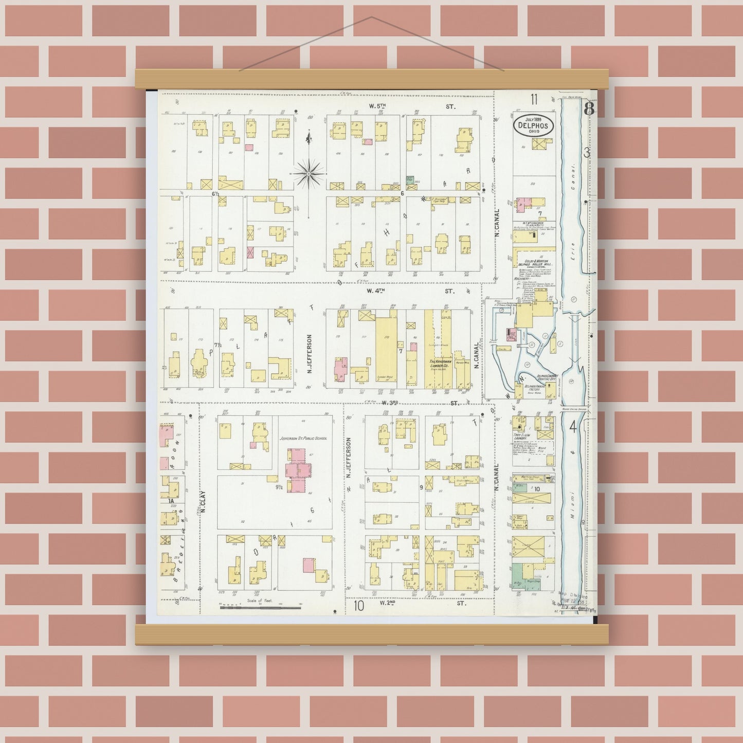 Old map wall art mockup — magnetic wood frame on brick wall — Sanborn Fire Insurance Map from Delphos, Van Wert And Allen Counties, Ohio (1899), Sheet #0008