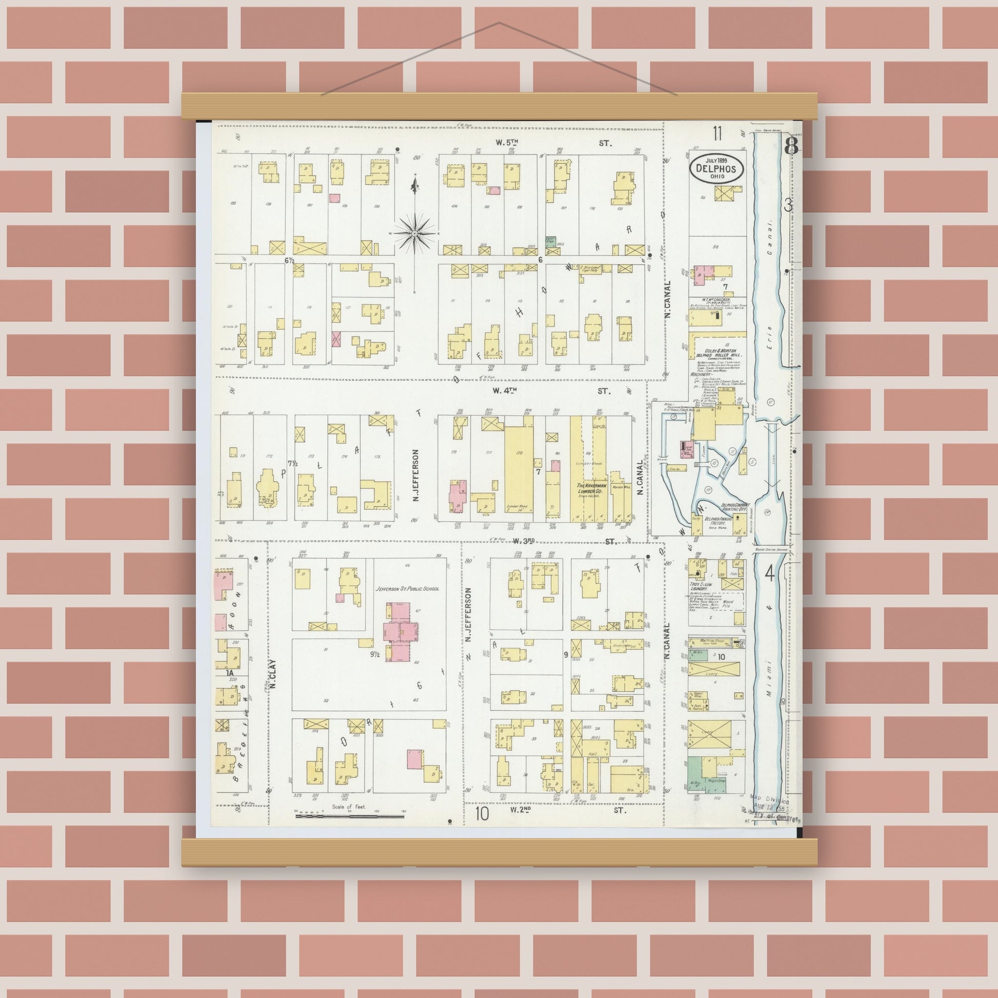Old map wall art mockup — magnetic wood frame on brick wall — Sanborn Fire Insurance Map from Delphos, Van Wert And Allen Counties, Ohio (1899), Sheet #0008