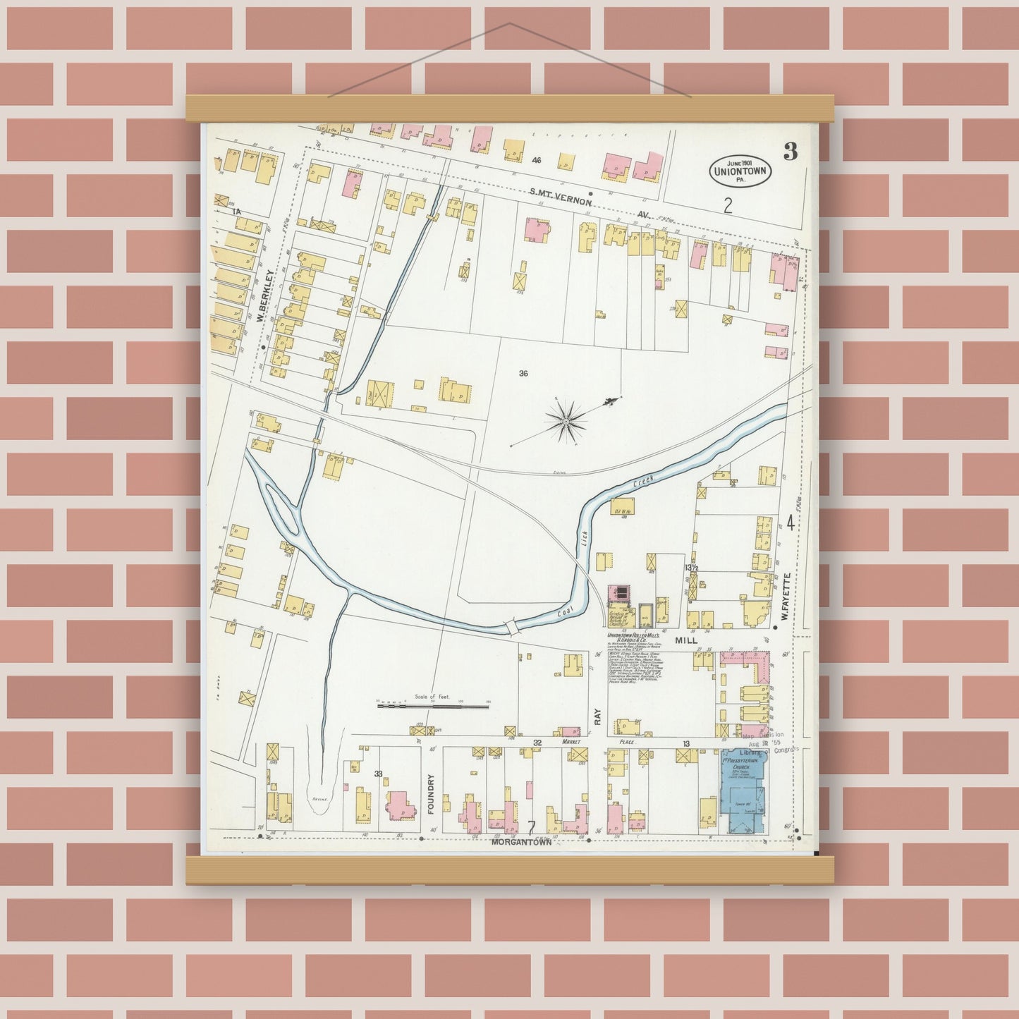 Old map wall art mockup — magnetic wood frame on brick wall — Sanborn Fire Insurance Map from Uniontown, Fayette County, Pennsylvania (1901), Sheet #0003