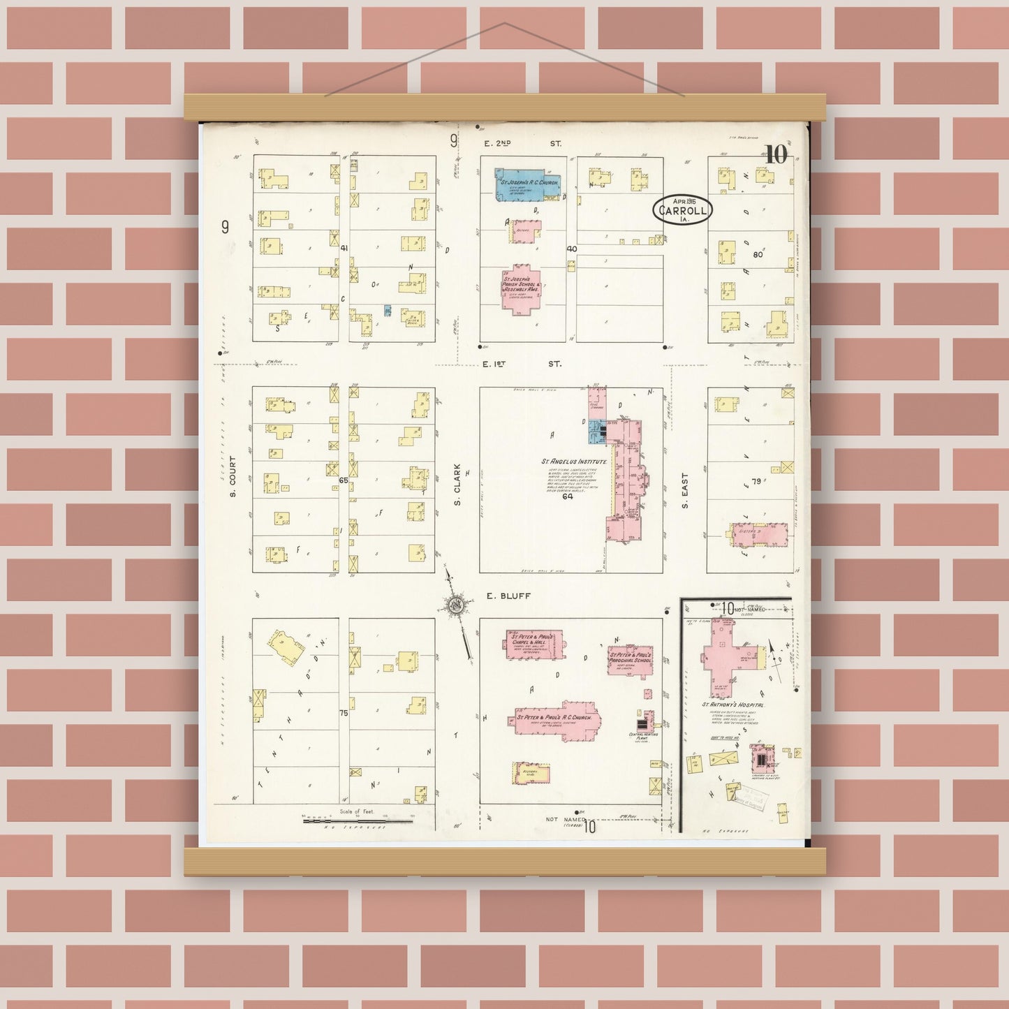 Old map wall art mockup — magnetic wood frame on brick wall — Sanborn Fire Insurance Map from Carroll, Carroll County, Iowa (1915), Sheet #0010