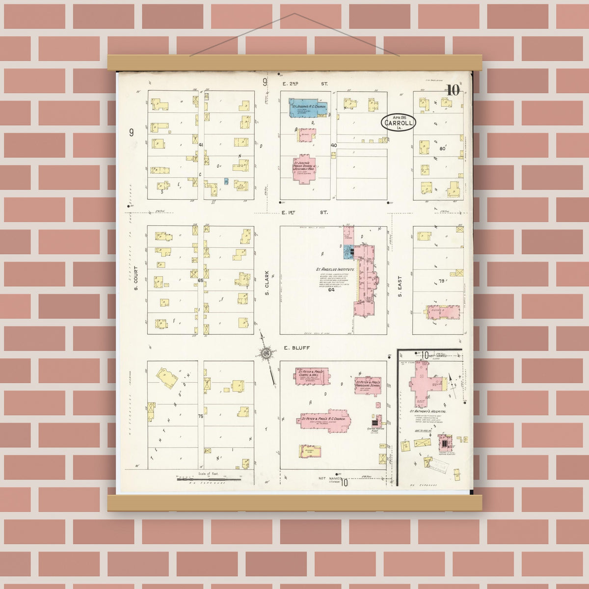 Old map wall art mockup — magnetic wood frame on brick wall — Sanborn Fire Insurance Map from Carroll, Carroll County, Iowa (1915), Sheet #0010