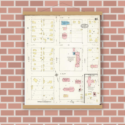 Old map wall art mockup — magnetic wood frame on brick wall — Sanborn Fire Insurance Map from Carroll, Carroll County, Iowa (1915), Sheet #0010