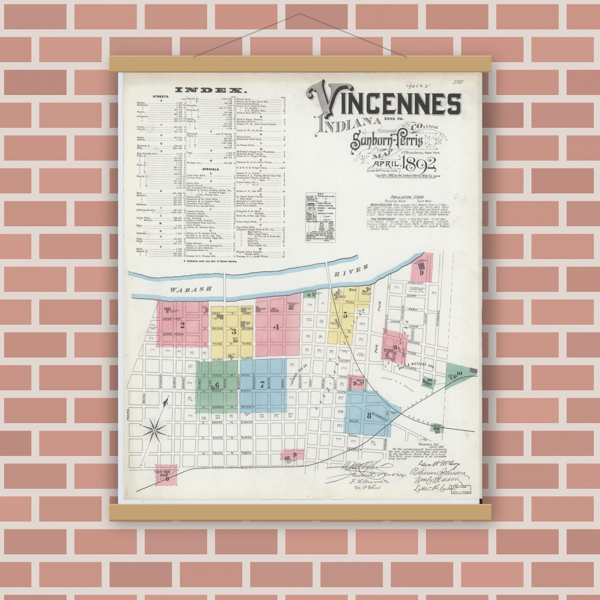 Old map wall art mockup — magnetic wood frame on brick wall — Sanborn Fire Insurance Map from Vincennes, Knox County, Indiana (1892) - Complete Map Set