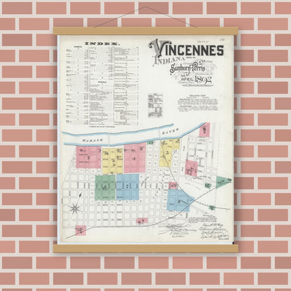 Old map wall art mockup — magnetic wood frame on brick wall — Sanborn Fire Insurance Map from Vincennes, Knox County, Indiana (1892) - Complete Map Set