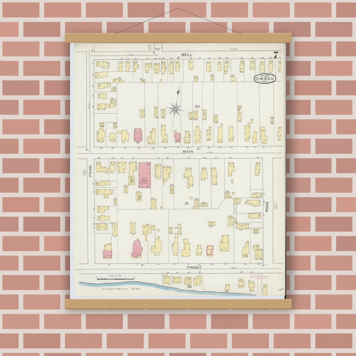 Old map wall art mockup — magnetic wood frame on brick wall — Sanborn Fire Insurance Map from Owego, Tioga County, New York (1893), Sheet #0007