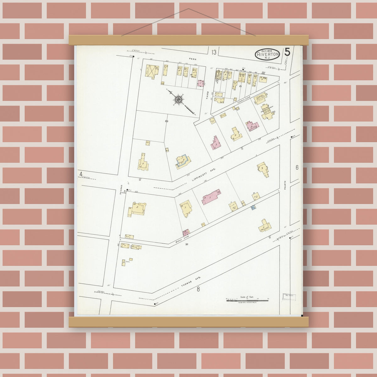 Old map wall art mockup — magnetic wood frame on brick wall — Sanborn Fire Insurance Map from Riverton, Burlington County, New Jersey (1919), Sheet #0005