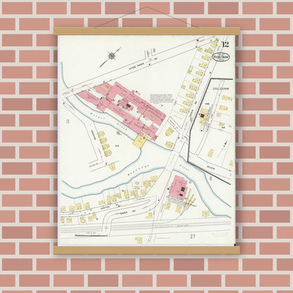 Old map wall art mockup — magnetic wood frame on brick wall — Sanborn Fire Insurance Map from Hyde Park, Norfolk County, Massachusetts (1917), Sheet #0012