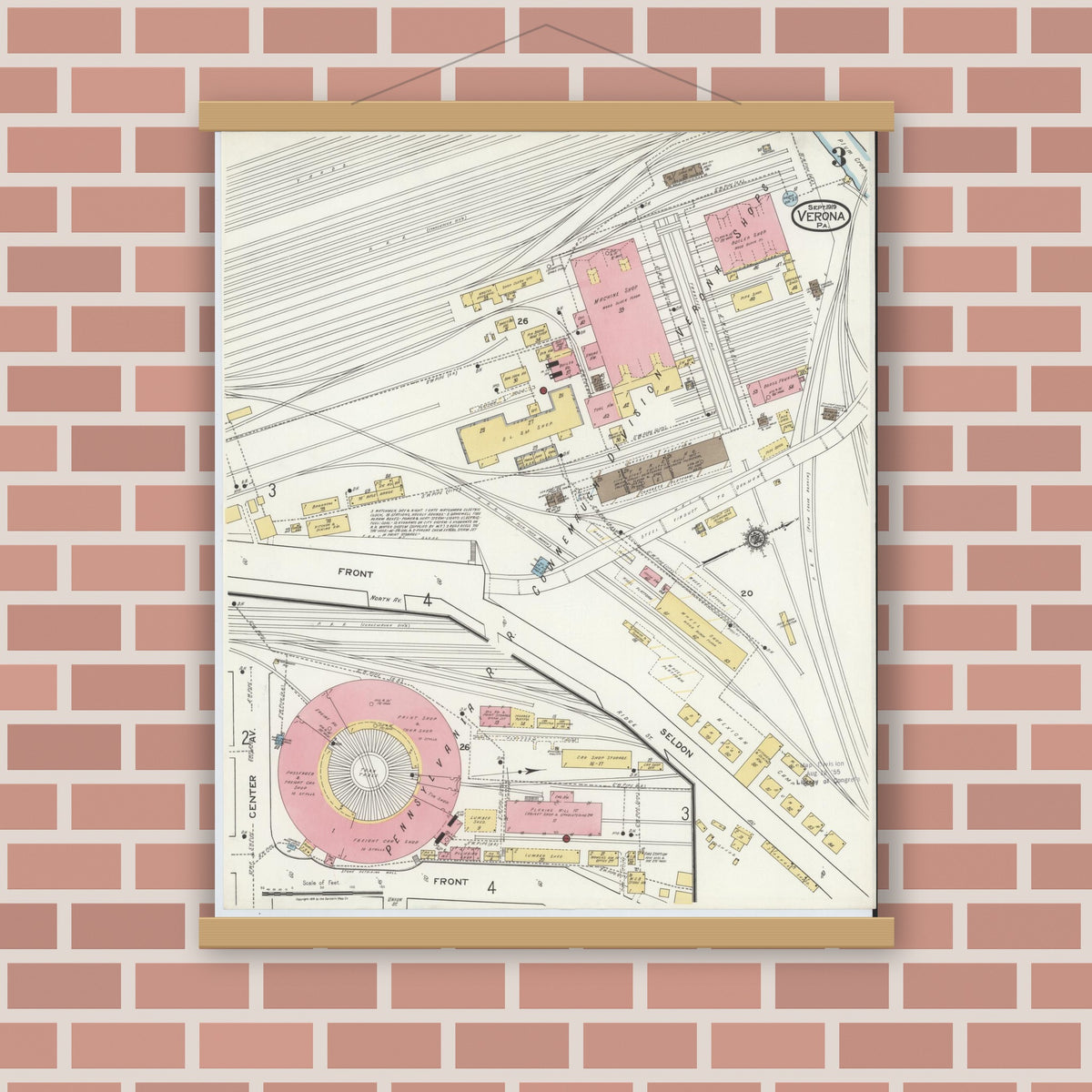Old map wall art mockup — magnetic wood frame on brick wall — Sanborn Fire Insurance Map from Verona, Allegheny County, Pennsylvania (1919), Sheet #0003