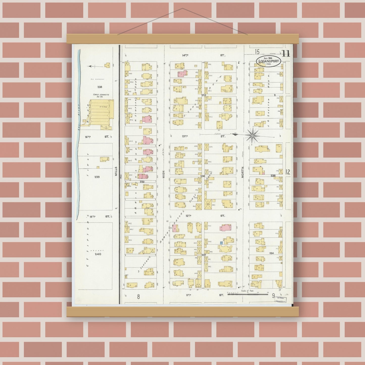 Old map wall art mockup — magnetic wood frame on brick wall — Sanborn Fire Insurance Map from Logansport, Cass County, Indiana (1906), Sheet #0011