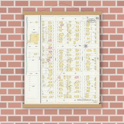 Old map wall art mockup — magnetic wood frame on brick wall — Sanborn Fire Insurance Map from Logansport, Cass County, Indiana (1906), Sheet #0011