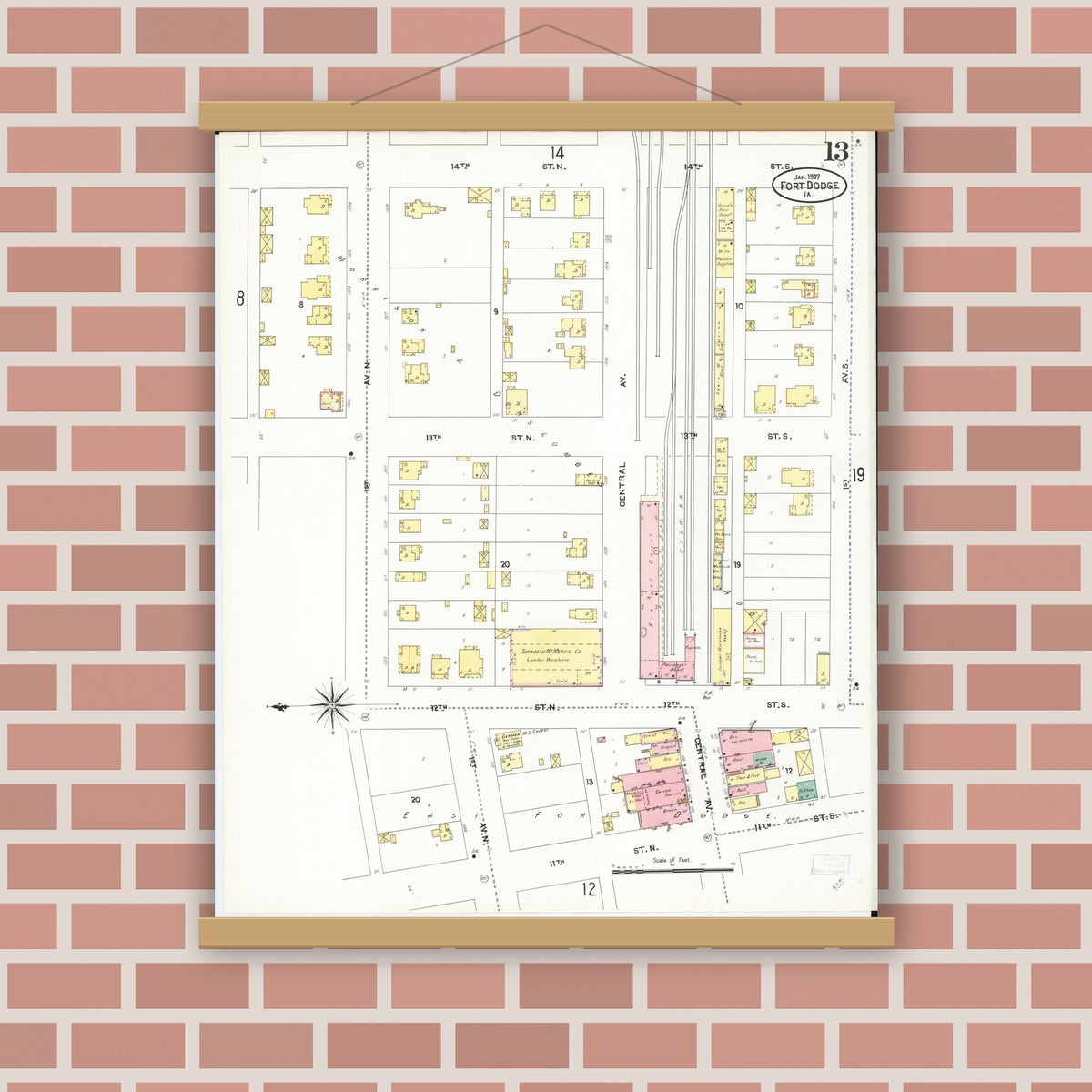 Old map wall art mockup — magnetic wood frame on brick wall — Sanborn Fire Insurance Map from Fort Dodge, Webster County, Iowa (1907), Sheet #0013