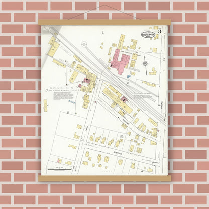 Old map wall art mockup — magnetic wood frame on brick wall — Sanborn Fire Insurance Map from Bridgewater, Plymouth County, Massachusetts (1921), Sheet #0003