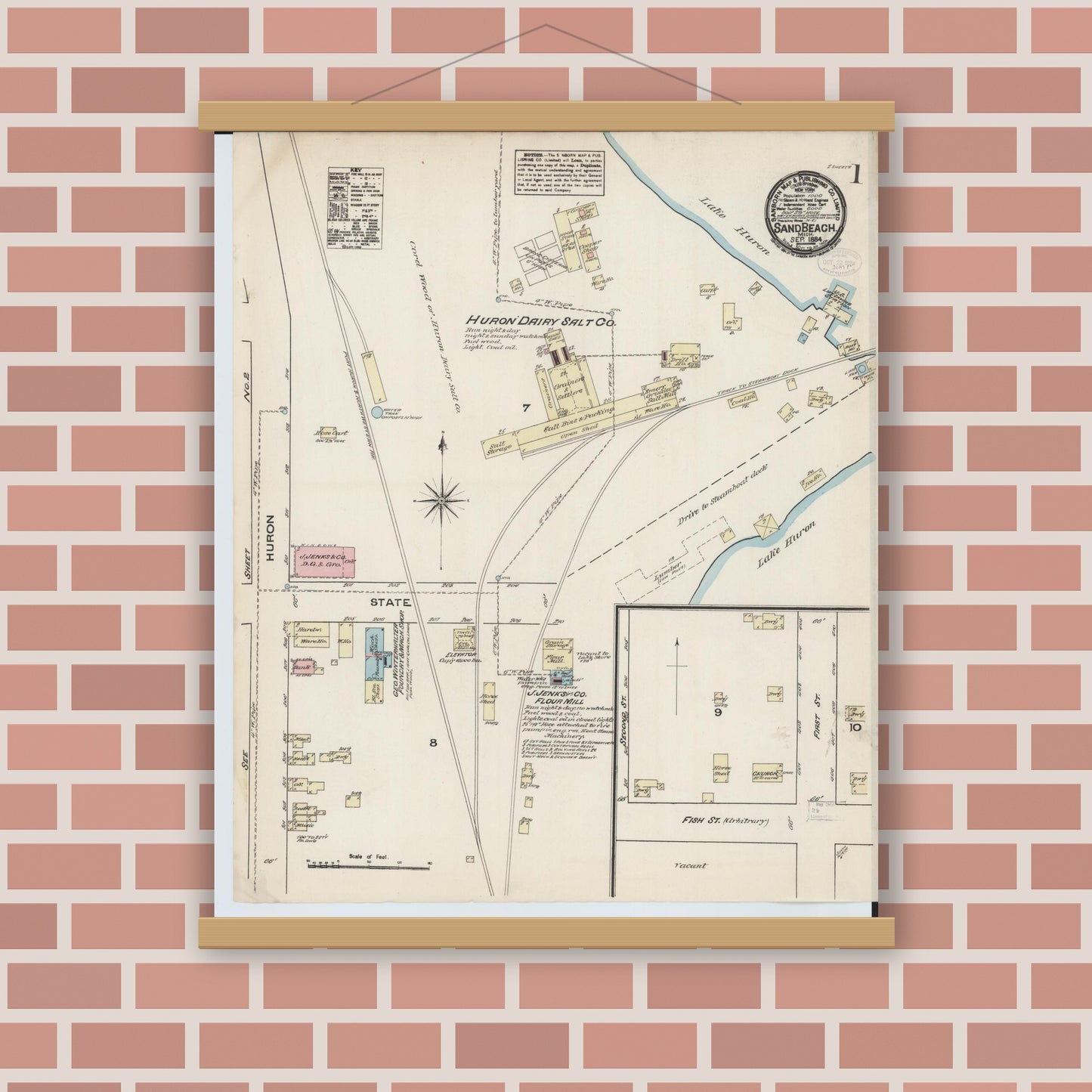 Old map wall art mockup — magnetic wood frame on brick wall — Sanborn Fire Insurance Map from Sand Beach, Huron County, Michigan (1884) - Complete Map Set