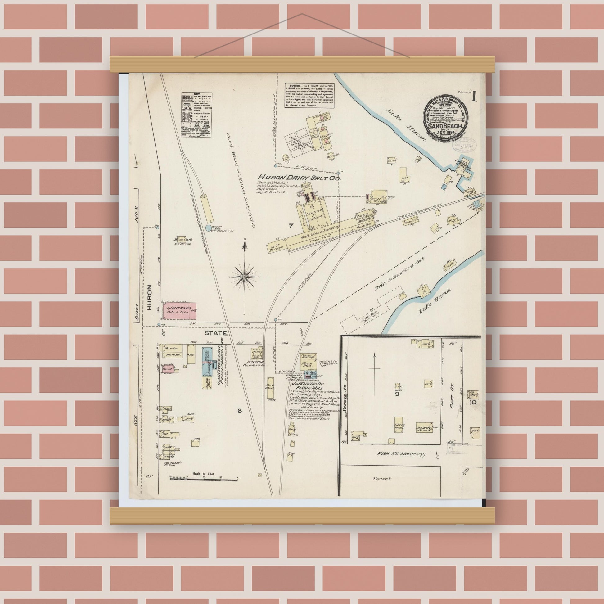 Old map wall art mockup — magnetic wood frame on brick wall — Sanborn Fire Insurance Map from Sand Beach, Huron County, Michigan (1884) - Complete Map Set
