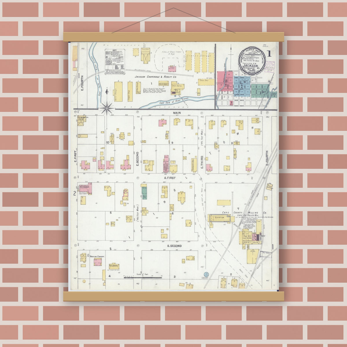 Old map wall art mockup — magnetic wood frame on brick wall — Sanborn Fire Insurance Map from Jackson, Cape Girardeau County, Missouri (1901) - Complete Map Set