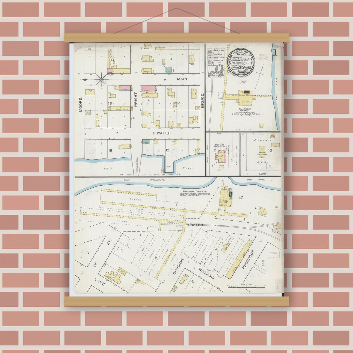 Old map wall art mockup — magnetic wood frame on brick wall — Sanborn Fire Insurance Map from Winneconne, Winnebago County, Wisconsin (1893) - Complete Map Set