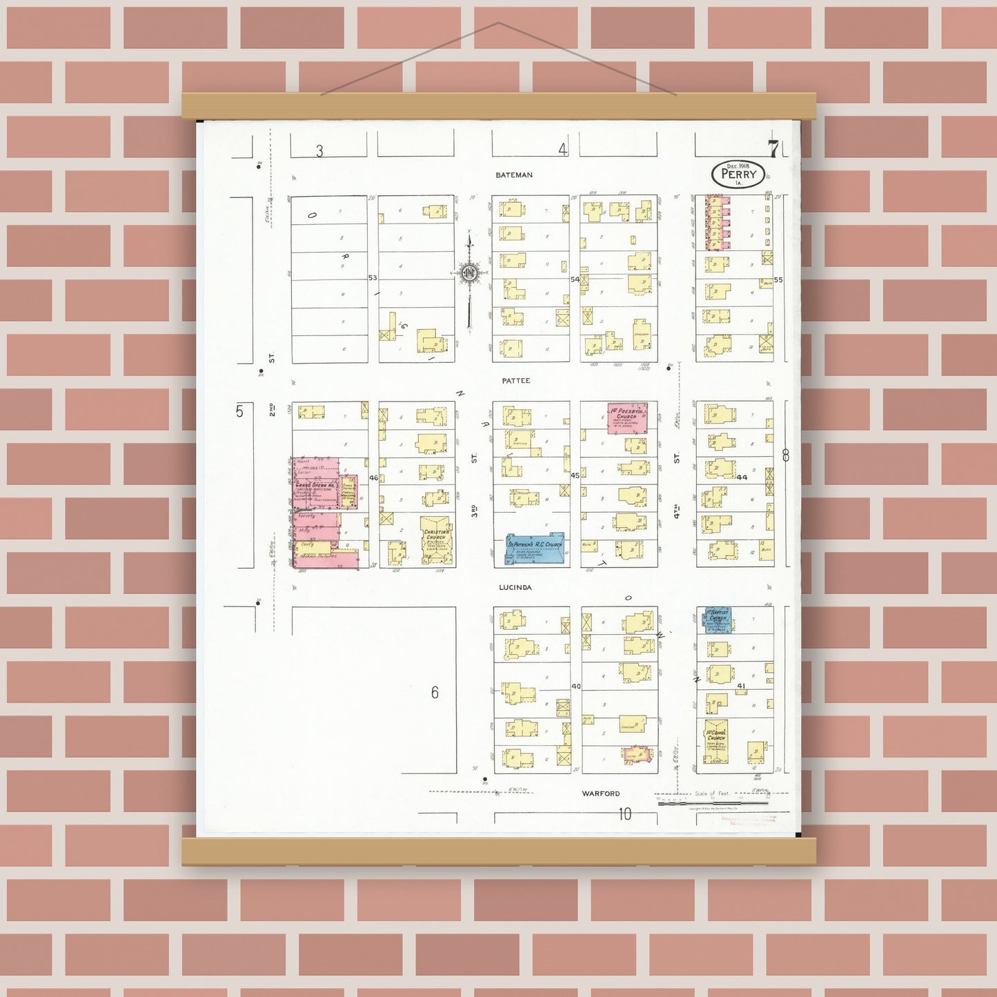 Old map wall art mockup — magnetic wood frame on brick wall — Sanborn Fire Insurance Map from Perry, Dallas County, Iowa (1918), Sheet #0007