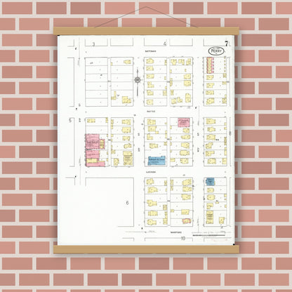 Old map wall art mockup — magnetic wood frame on brick wall — Sanborn Fire Insurance Map from Perry, Dallas County, Iowa (1918), Sheet #0007