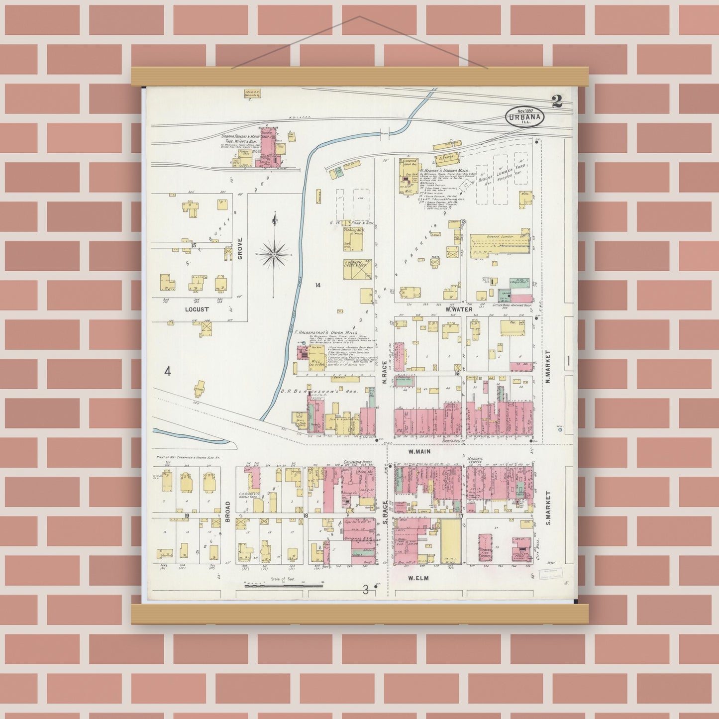 Old map wall art mockup — magnetic wood frame on brick wall — Sanborn Fire Insurance Map from Urbana, Champaign County, Illinois (1897), Sheet #0002