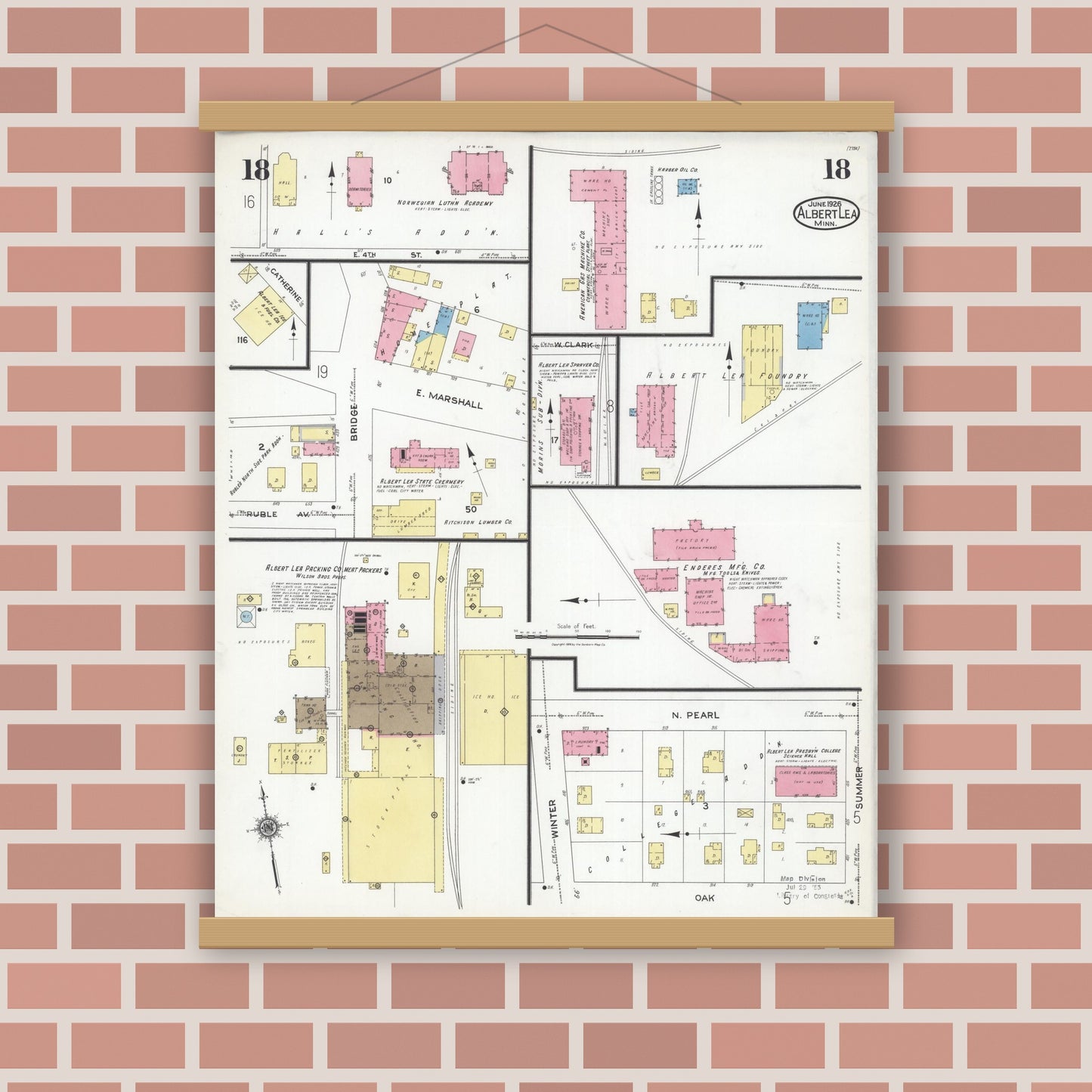 Old map wall art mockup — magnetic wood frame on brick wall — Sanborn Fire Insurance Map from Albert Lea, Freeborn County, Minnesota (1926), Sheet #0018