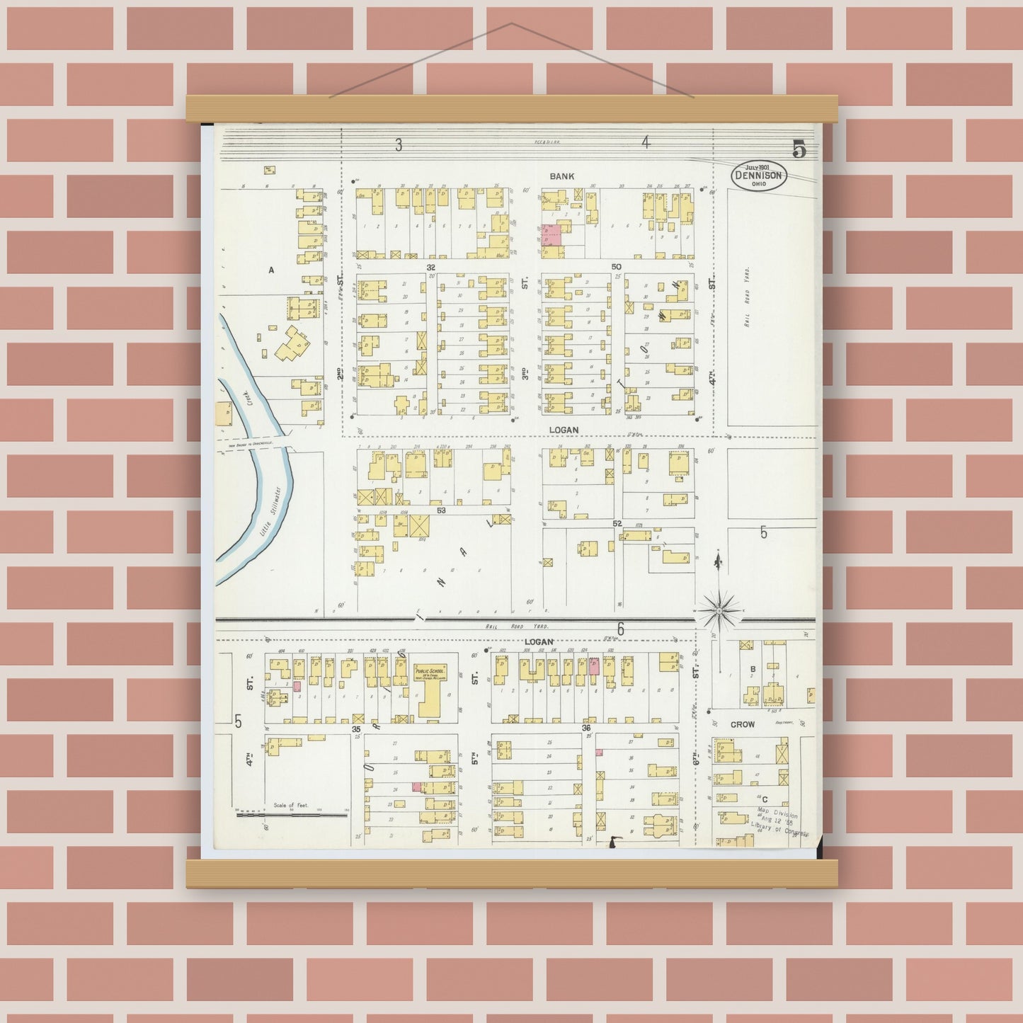 Old map wall art mockup — magnetic wood frame on brick wall — Sanborn Fire Insurance Map from Dennison, Tuscarawas County, Ohio (1901), Sheet #0005