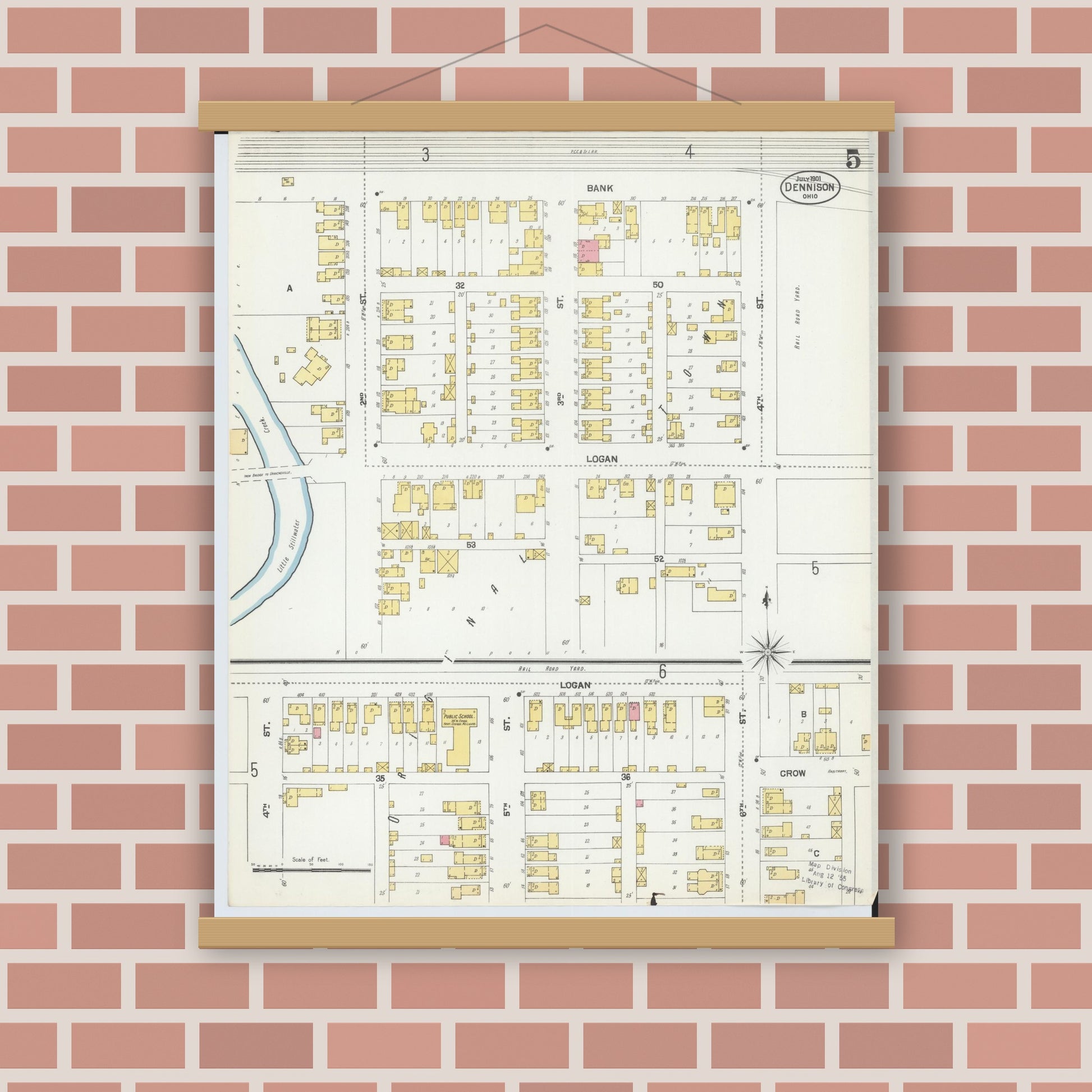 Old map wall art mockup — magnetic wood frame on brick wall — Sanborn Fire Insurance Map from Dennison, Tuscarawas County, Ohio (1901), Sheet #0005