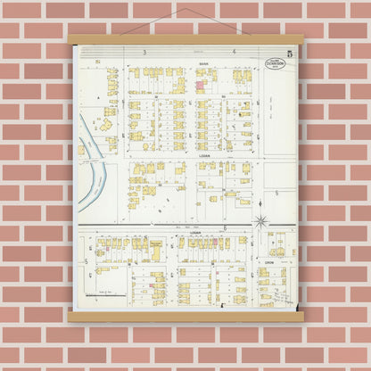 Old map wall art mockup — magnetic wood frame on brick wall — Sanborn Fire Insurance Map from Dennison, Tuscarawas County, Ohio (1901), Sheet #0005