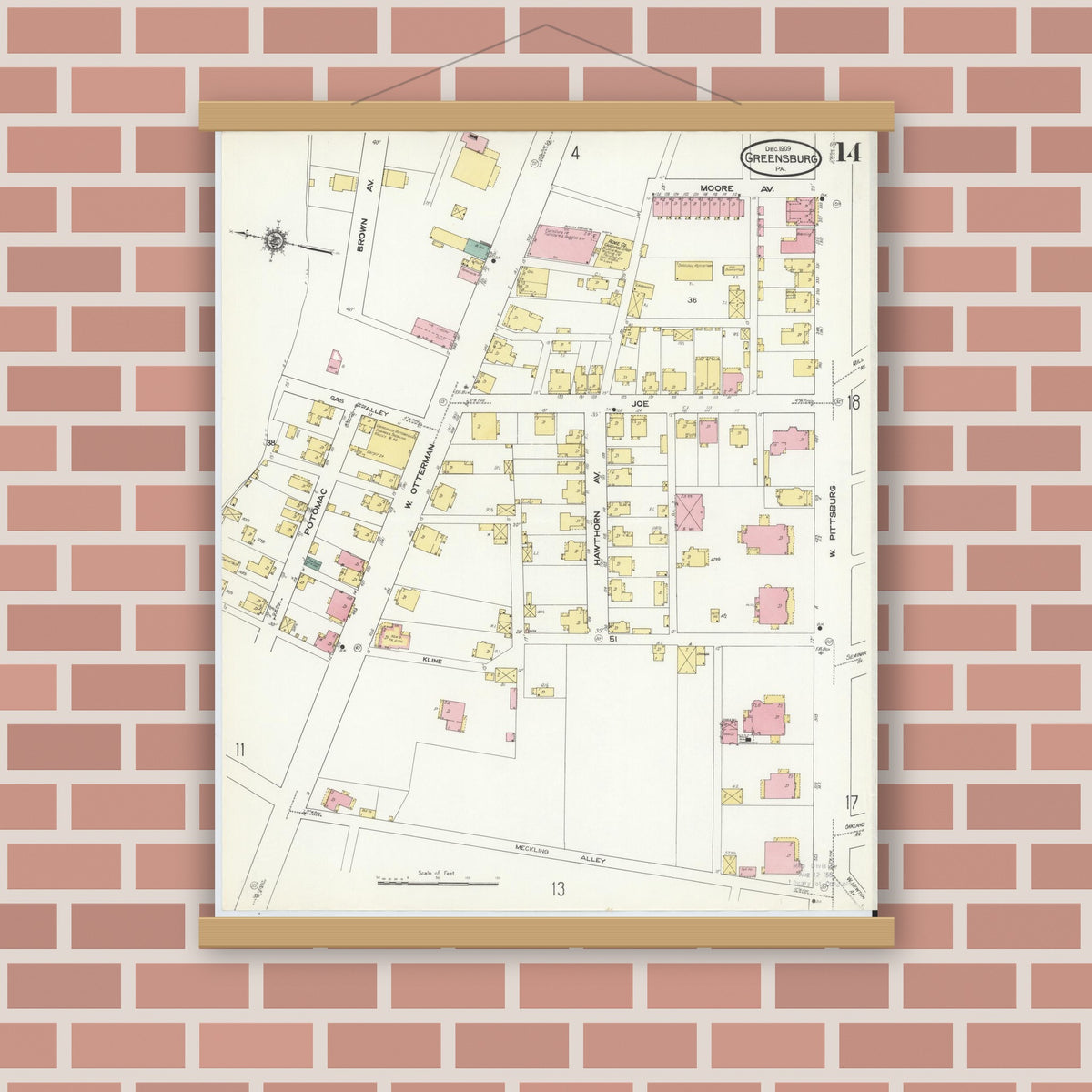 Old map wall art mockup — magnetic wood frame on brick wall — Sanborn Fire Insurance Map from Greensburg, Westmoreland County, Pennsylvania (1909), Sheet #0014