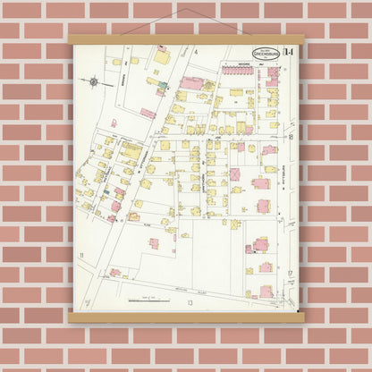 Old map wall art mockup — magnetic wood frame on brick wall — Sanborn Fire Insurance Map from Greensburg, Westmoreland County, Pennsylvania (1909), Sheet #0014