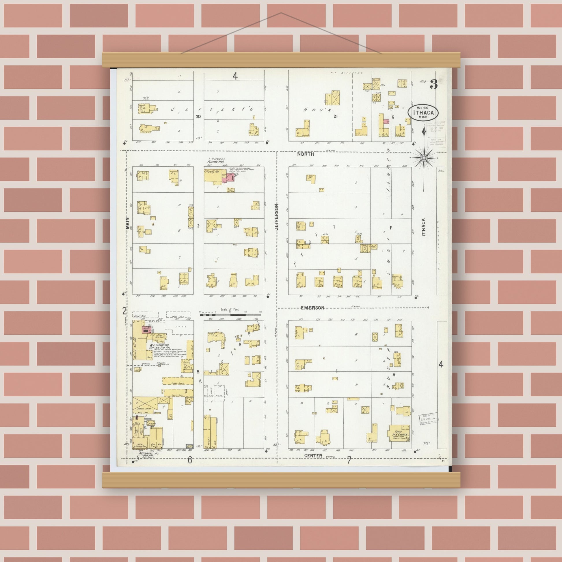 Old map wall art mockup — magnetic wood frame on brick wall — Sanborn Fire Insurance Map from Ithaca, Gratiot County, Michigan (1900), Sheet #0003