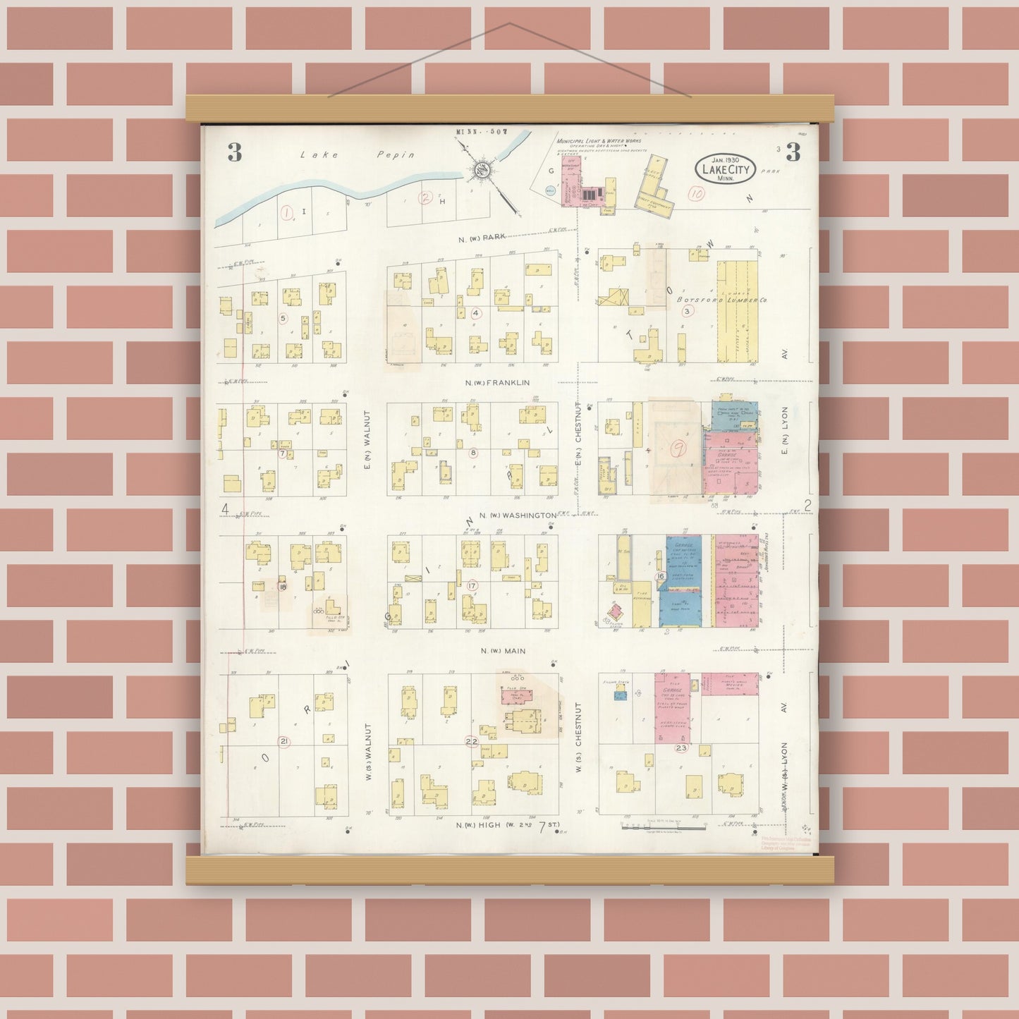Old map wall art mockup — magnetic wood frame on brick wall — Sanborn Fire Insurance Map from Lake City, Wabasha County, Minnesota (1938), Sheet #0003