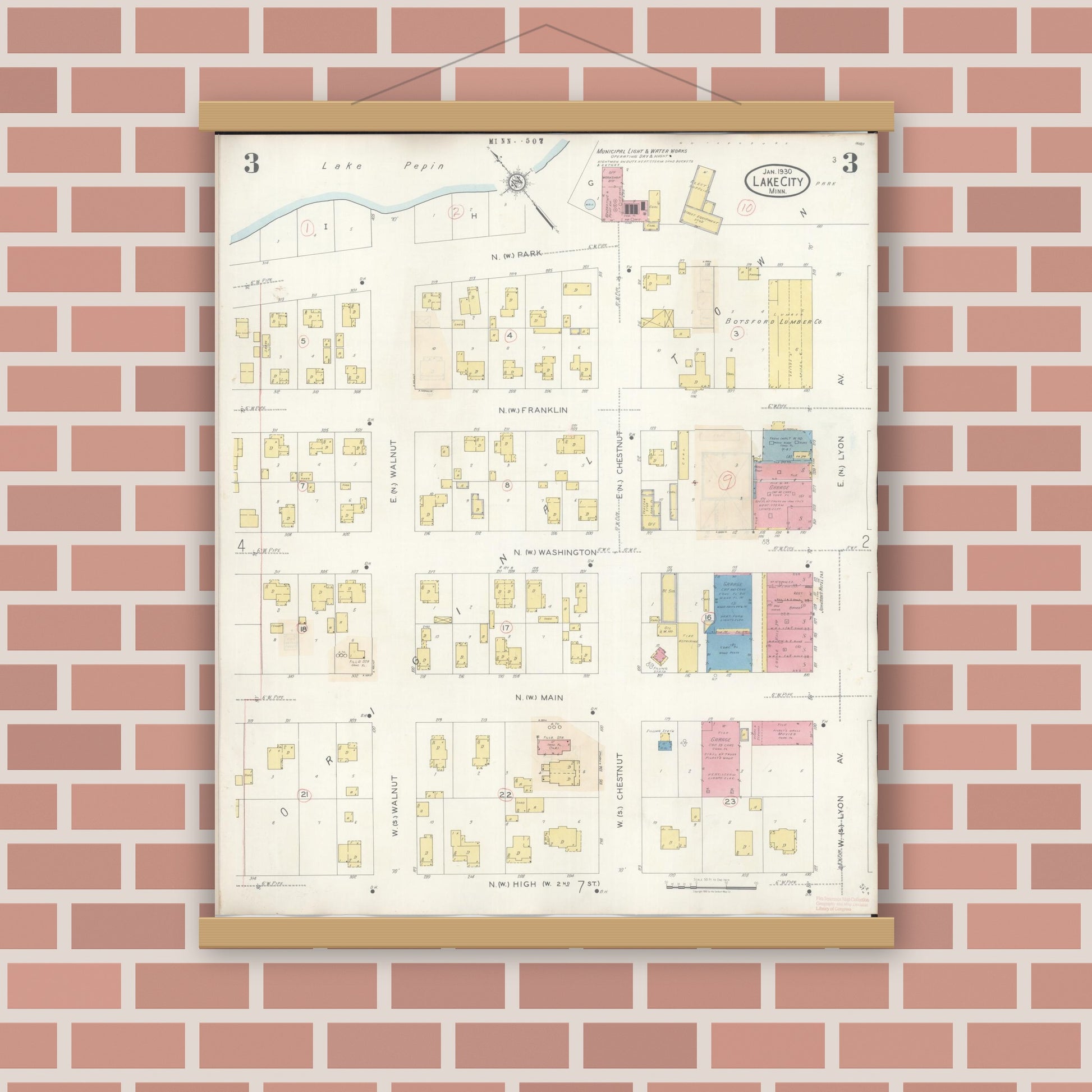 Old map wall art mockup — magnetic wood frame on brick wall — Sanborn Fire Insurance Map from Lake City, Wabasha County, Minnesota (1938), Sheet #0003