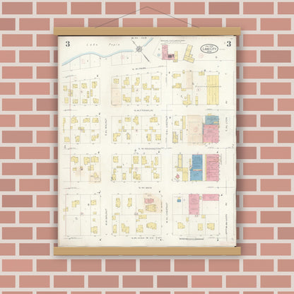 Old map wall art mockup — magnetic wood frame on brick wall — Sanborn Fire Insurance Map from Lake City, Wabasha County, Minnesota (1938), Sheet #0003