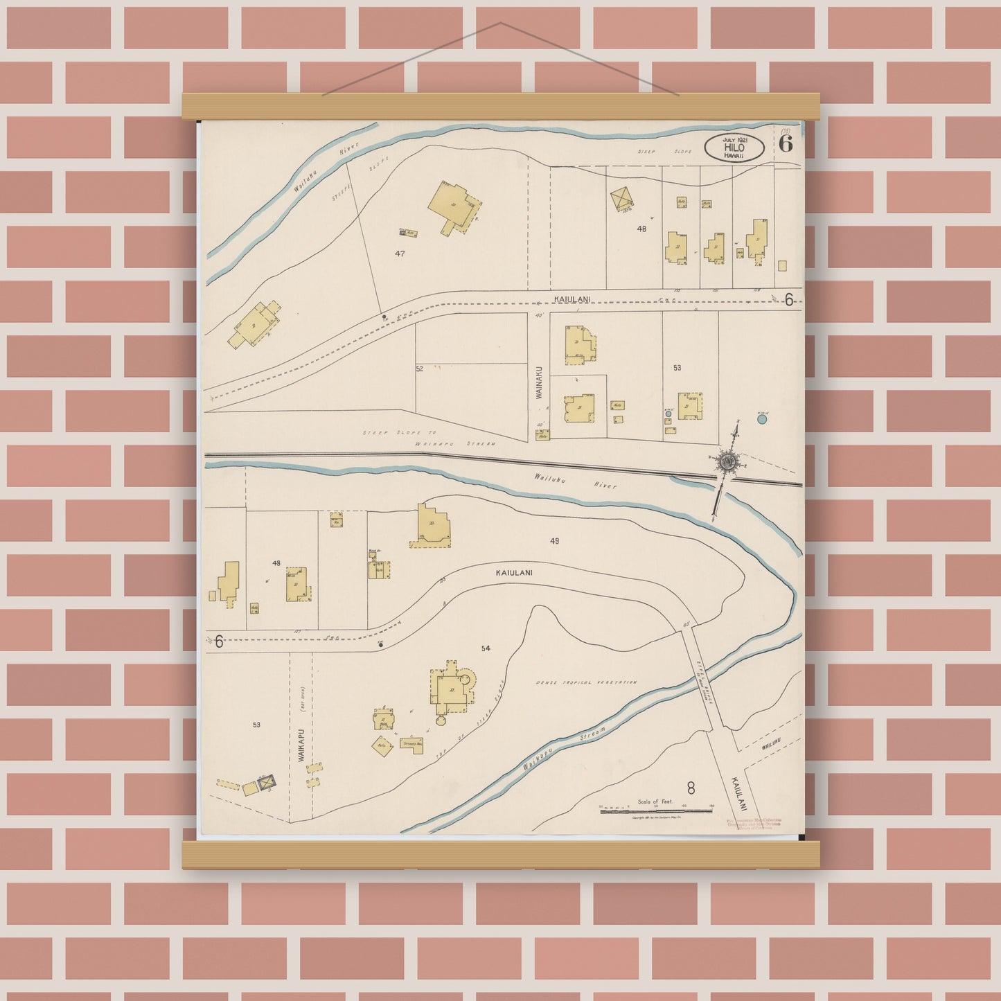 Old map wall art mockup — magnetic wood frame on brick wall — Sanborn Fire Insurance Map from Hilo, Hawaii County, Hawaii (1921), Sheet #0006