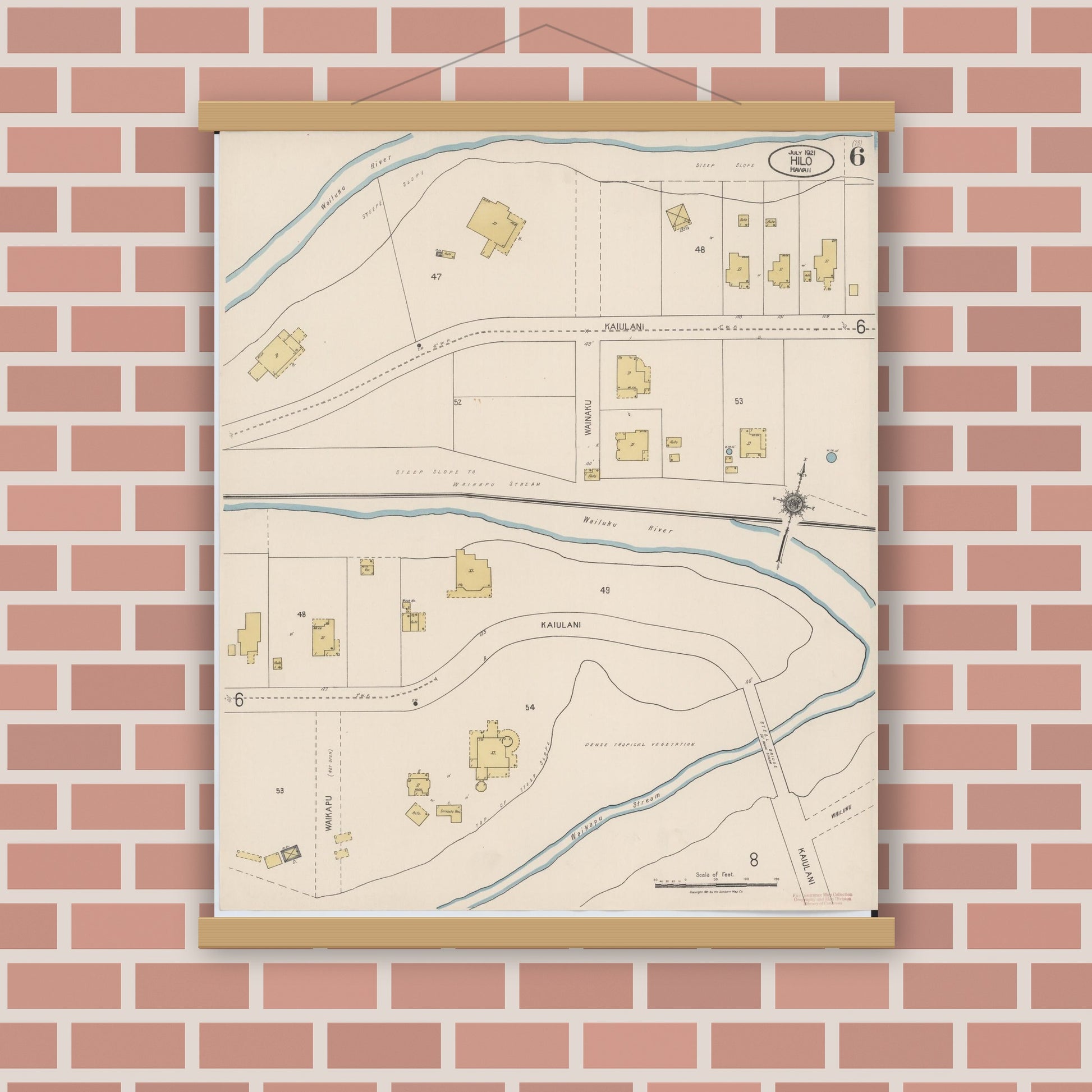 Old map wall art mockup — magnetic wood frame on brick wall — Sanborn Fire Insurance Map from Hilo, Hawaii County, Hawaii (1921), Sheet #0006