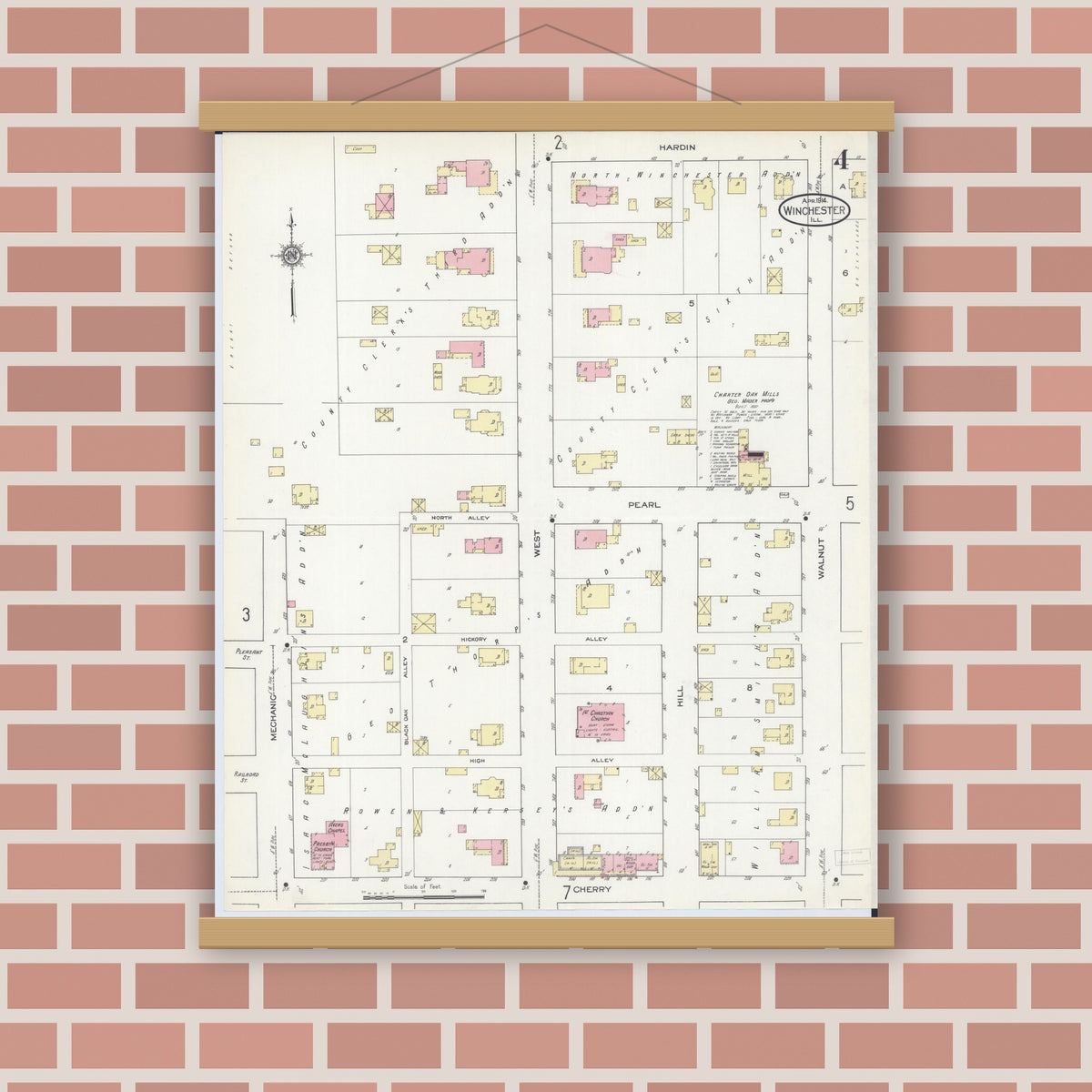Old map wall art mockup — magnetic wood frame on brick wall — Sanborn Fire Insurance Map from Winchester, Scott County, Illinois (1914), Sheet #0004
