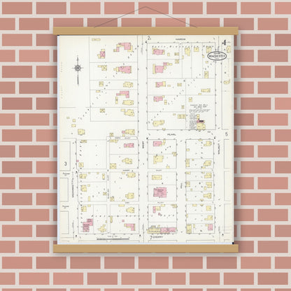 Old map wall art mockup — magnetic wood frame on brick wall — Sanborn Fire Insurance Map from Winchester, Scott County, Illinois (1914), Sheet #0004