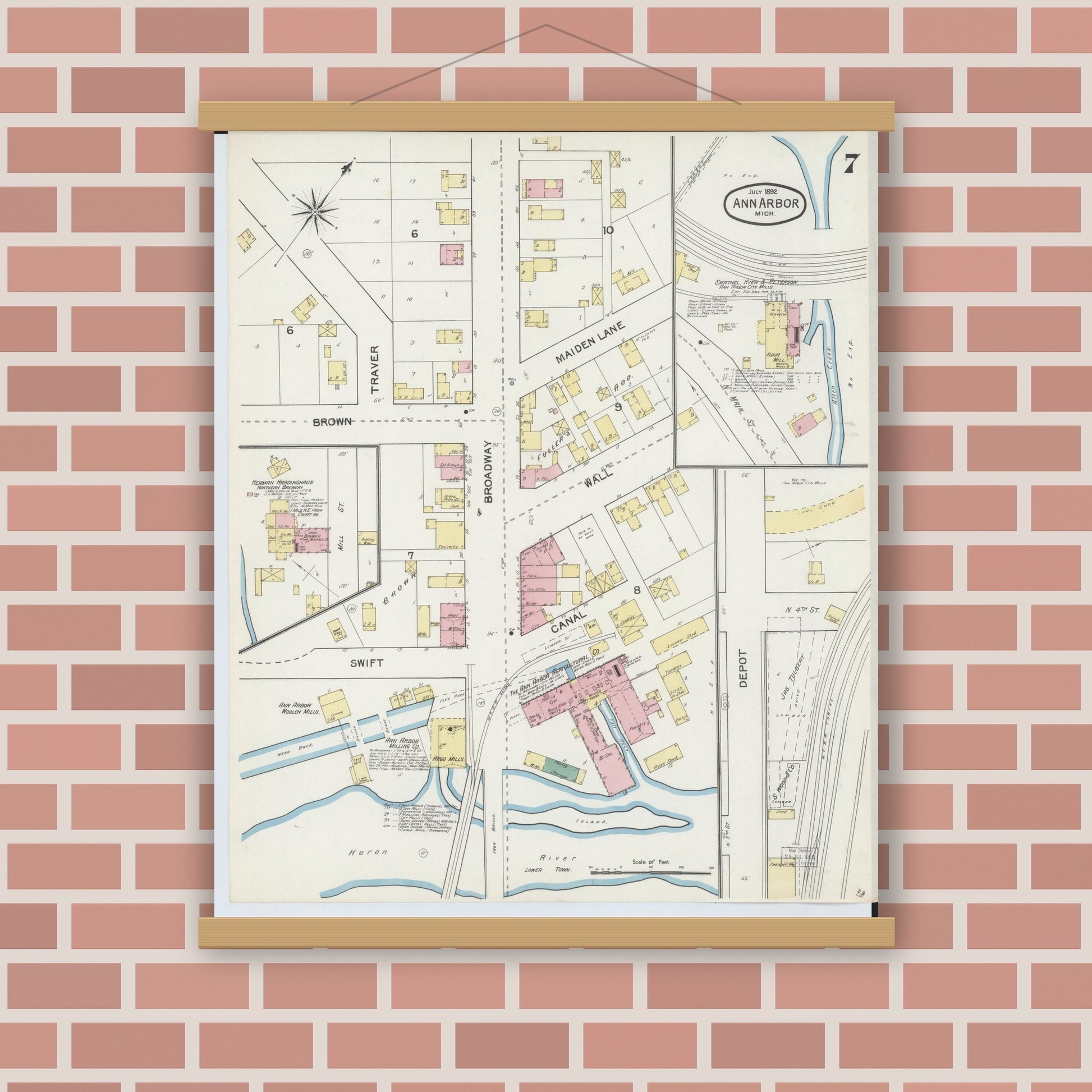 Old map wall art mockup — magnetic wood frame on brick wall — Sanborn Fire Insurance Map from Ann Arbor, Washtenaw County, Michigan (1892), Sheet #0007