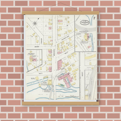 Old map wall art mockup — magnetic wood frame on brick wall — Sanborn Fire Insurance Map from Ann Arbor, Washtenaw County, Michigan (1892), Sheet #0007