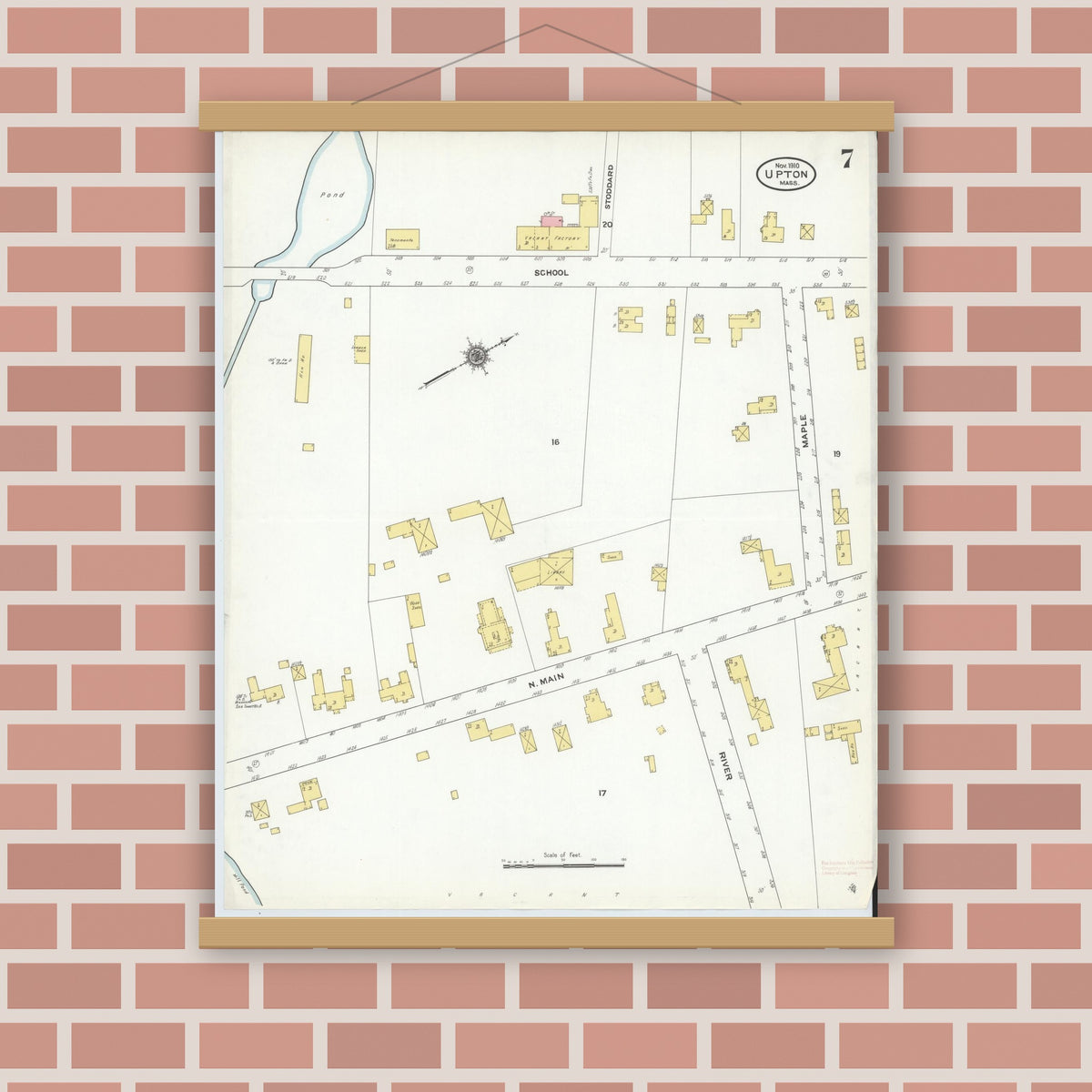Old map wall art mockup — magnetic wood frame on brick wall — Sanborn Fire Insurance Map from Upton, Worcester County, Massachusetts (1910), Sheet #0007