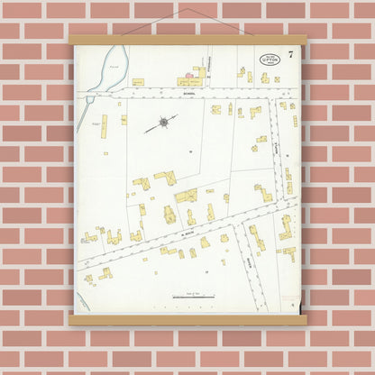 Old map wall art mockup — magnetic wood frame on brick wall — Sanborn Fire Insurance Map from Upton, Worcester County, Massachusetts (1910), Sheet #0007