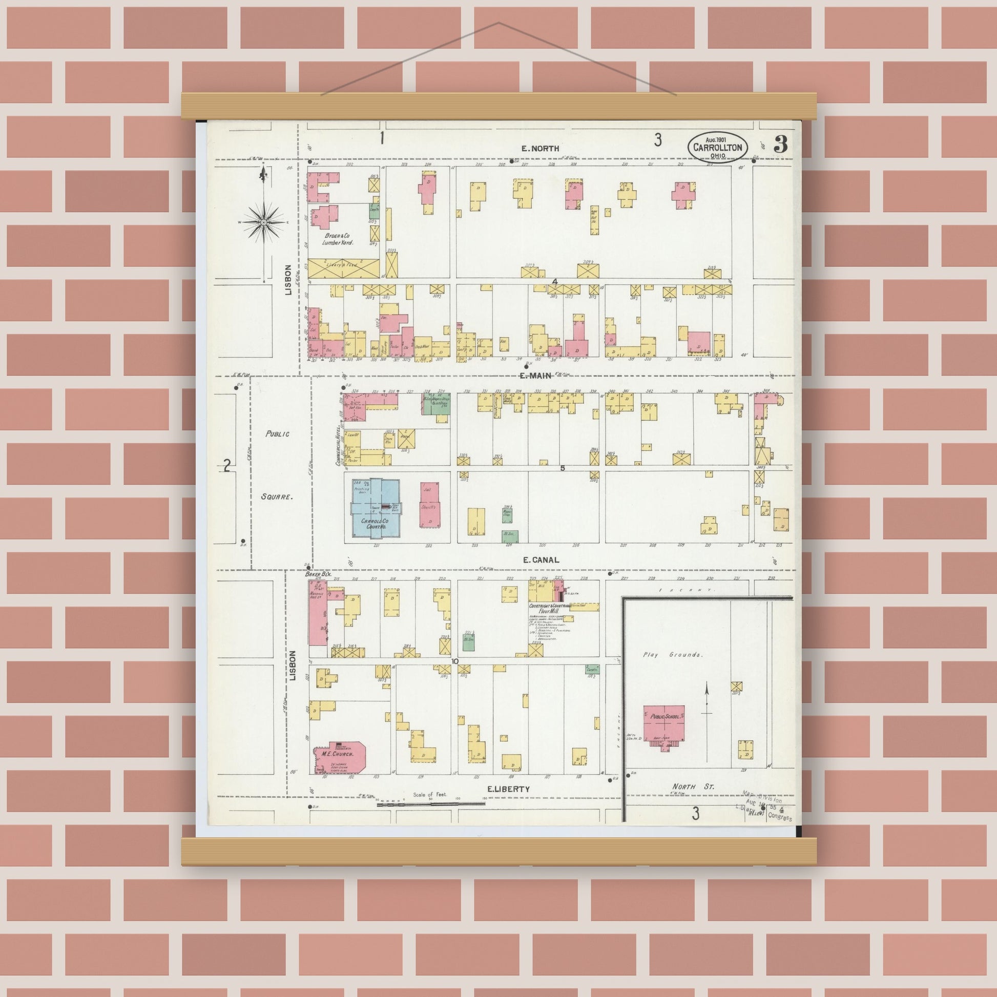 Old map wall art mockup — magnetic wood frame on brick wall — Sanborn Fire Insurance Map from Carrollton, Carroll County, Ohio (1901), Sheet #0003