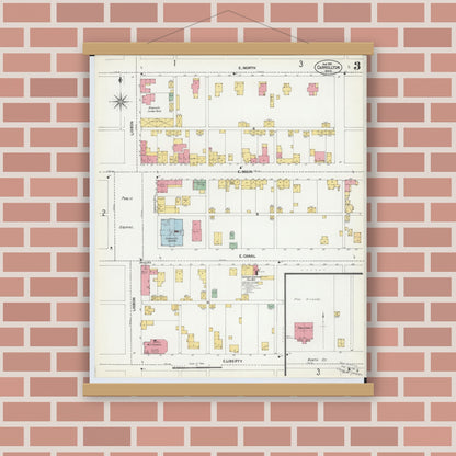 Old map wall art mockup — magnetic wood frame on brick wall — Sanborn Fire Insurance Map from Carrollton, Carroll County, Ohio (1901), Sheet #0003